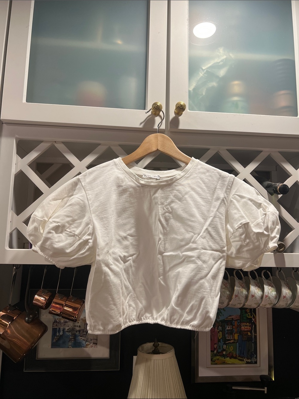 ZARA White Puff Sleeve Cropped Cotton Tee. Large. NWOT
